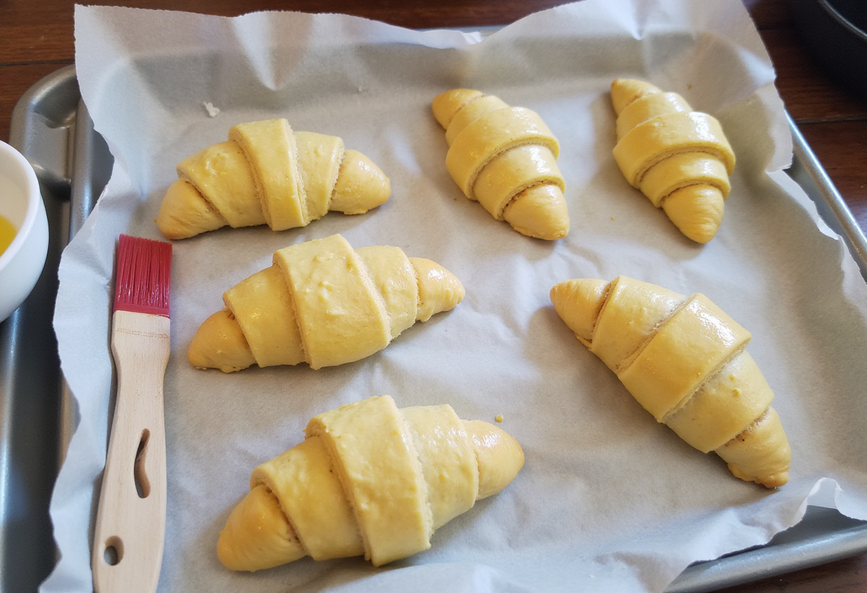Shaping uncooked homemade croissants ready for baking on a tray with parchment paper in a bright kitchen.