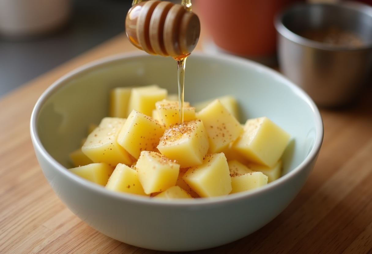 Diced potatoes seasoned with honey, salt, and pepper for honey bacon roasted potatoes.