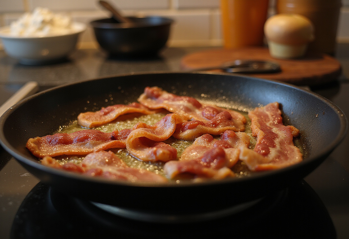 Crispy bacon sizzling in a pan, ready to complement honey bacon roasted potatoes.