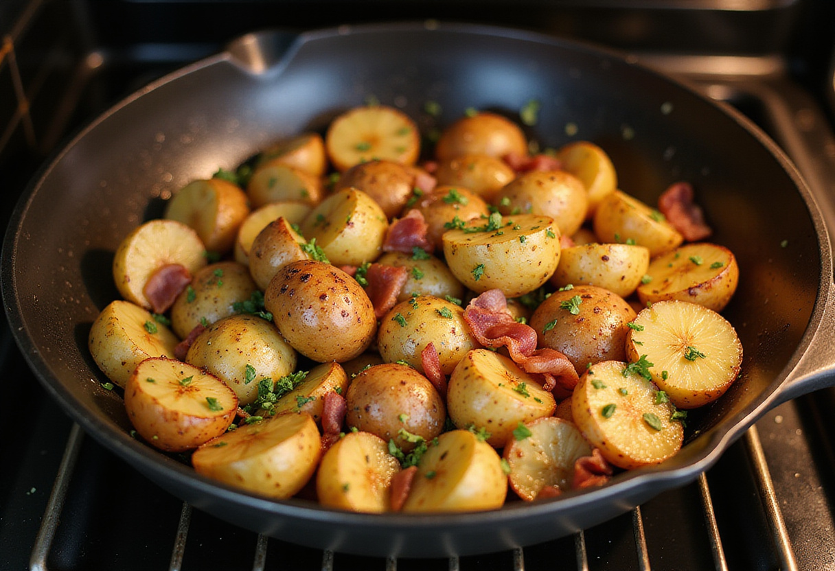Golden-brown honey bacon roasted potatoes with crispy bacon and herbs from the oven.