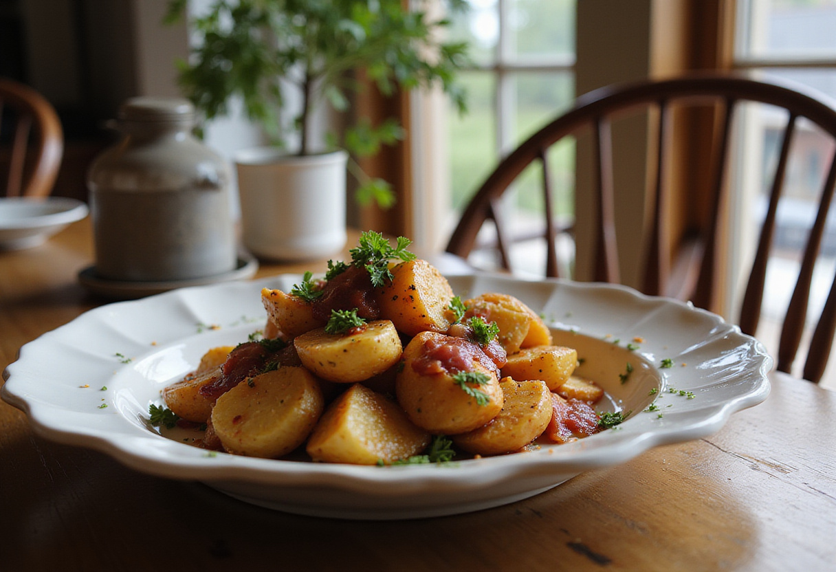 Beautifully garnished honey bacon roasted potatoes served on a rustic dining table.