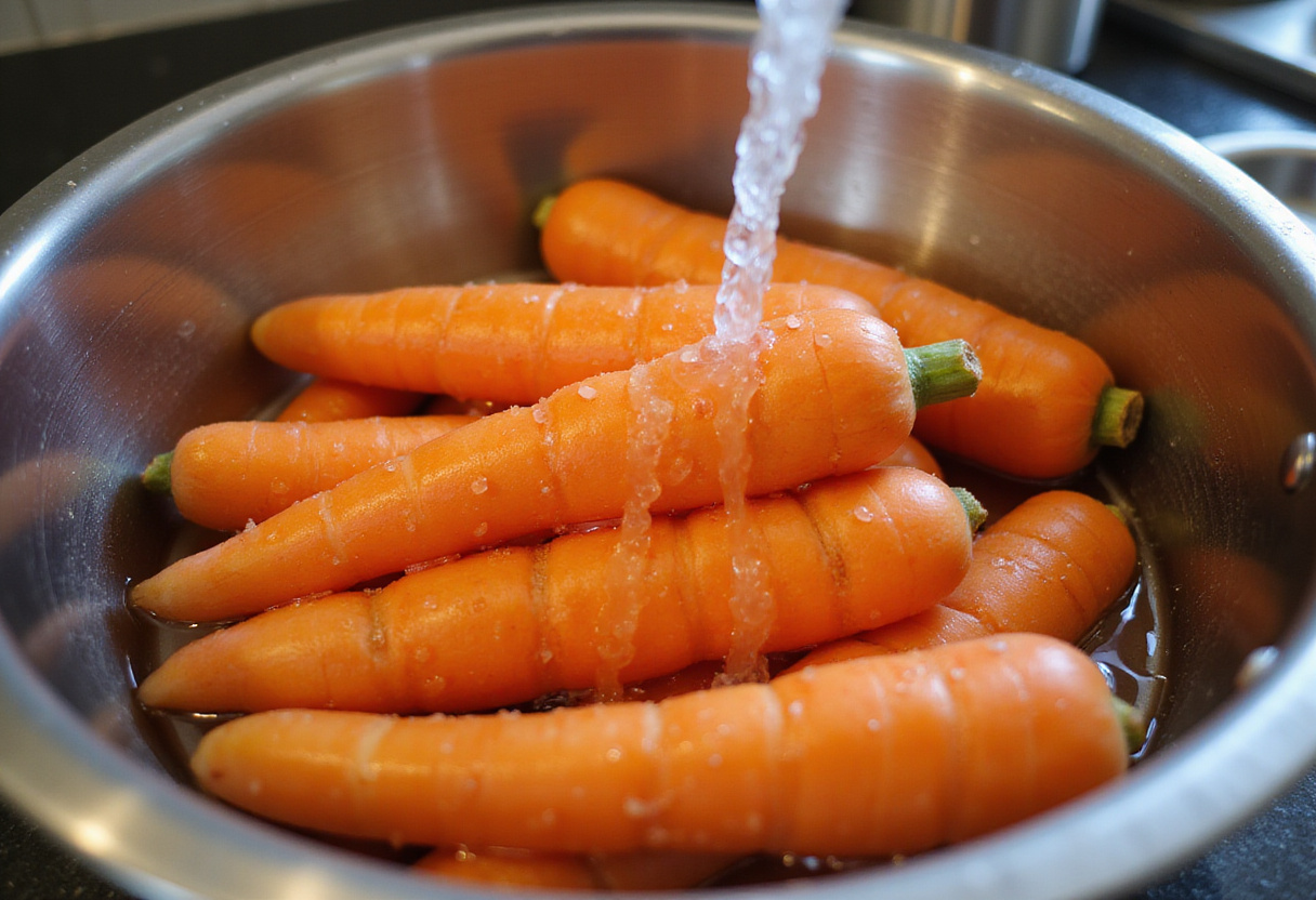 Freshly washed carrots ready for honey garlic butter roasted carrots recipe, showcasing vibrant colors and freshness.