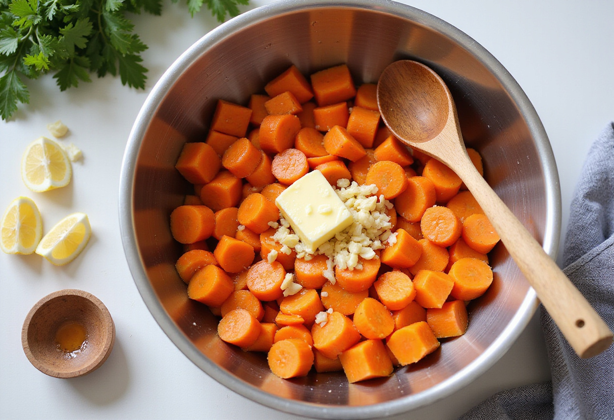 Mixing ingredients for honey garlic butter roasted carrots, featuring honey, butter, and garlic combined with fresh carrots in a bowl.