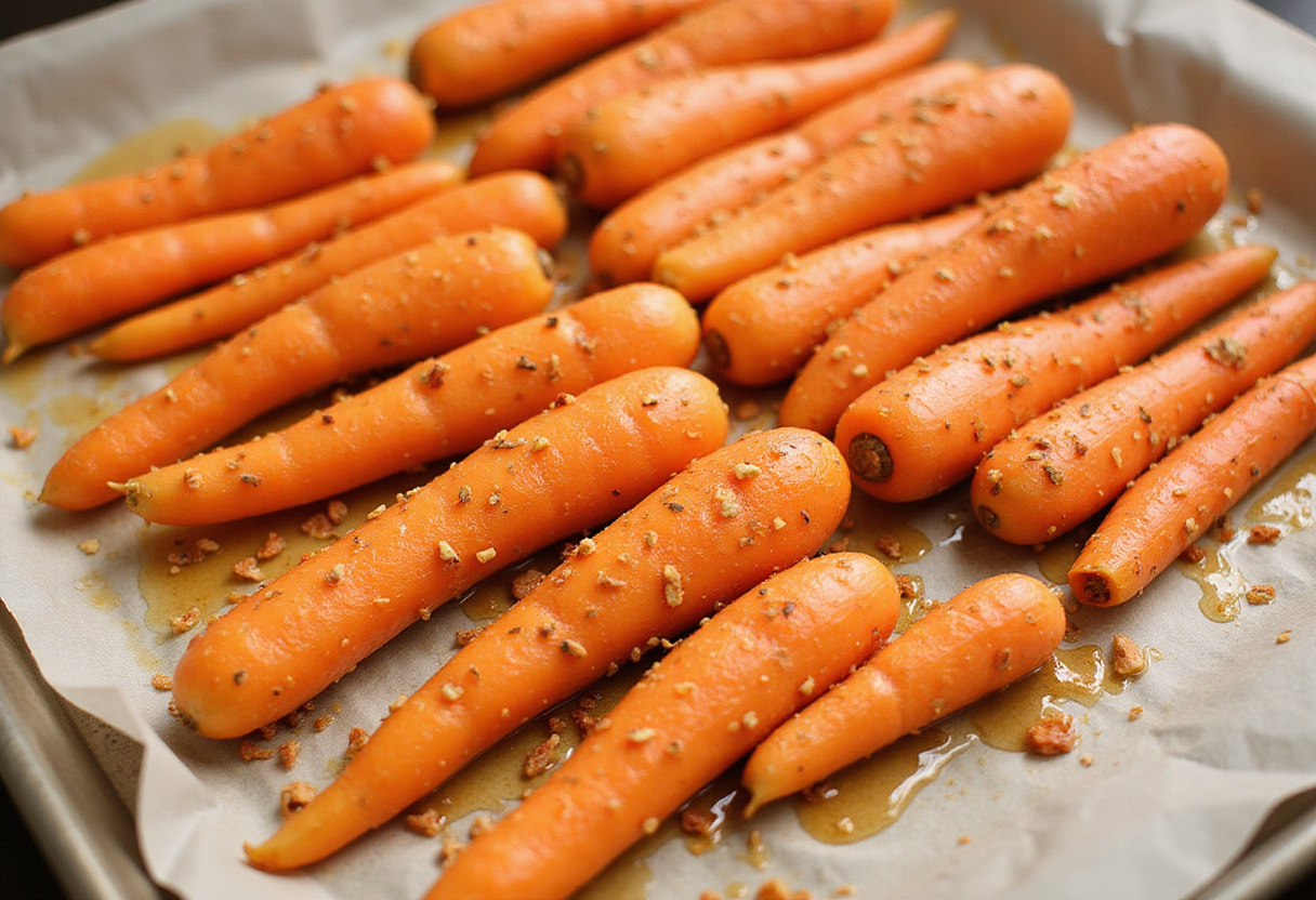 Arranging seasoned carrots on a baking sheet for honey garlic butter roasting, emphasizing the deliciously coated vegetables ready for baking.