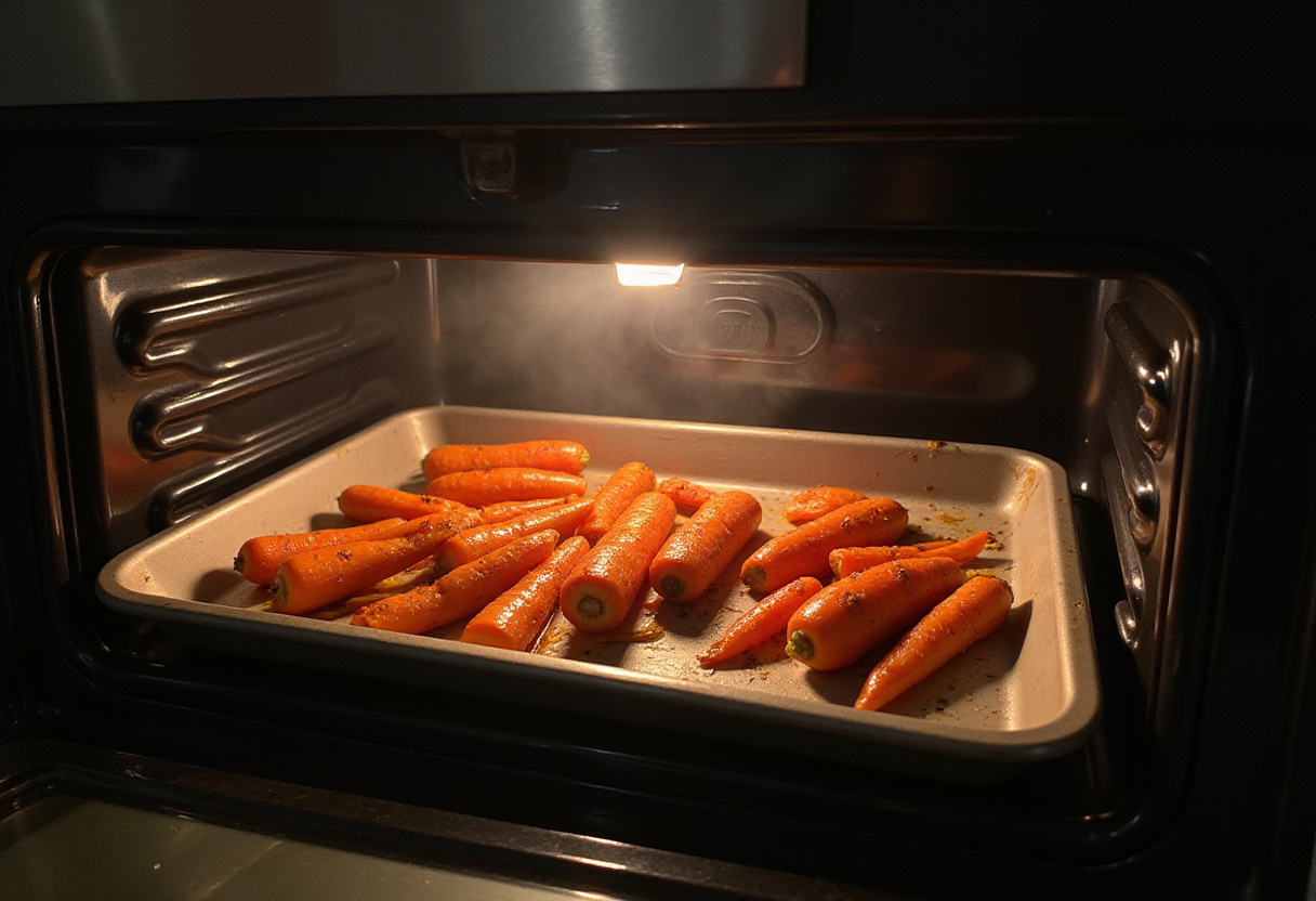 Roasting carrots in the oven for honey garlic butter flavor, highlighting the golden-brown edges of perfectly roasted vegetables.