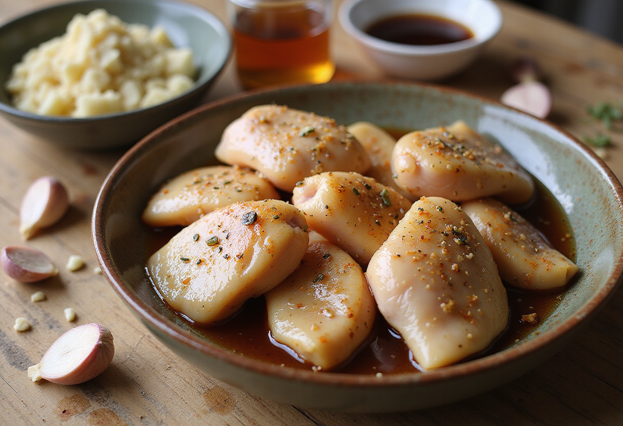 Marinating chicken pieces in honey and garlic sauce for a flavorful honey garlic chicken recipe.