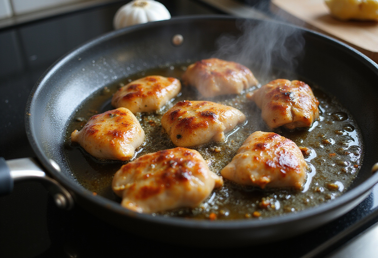Cooking marinated chicken in a skillet for the perfect honey garlic chicken dish.