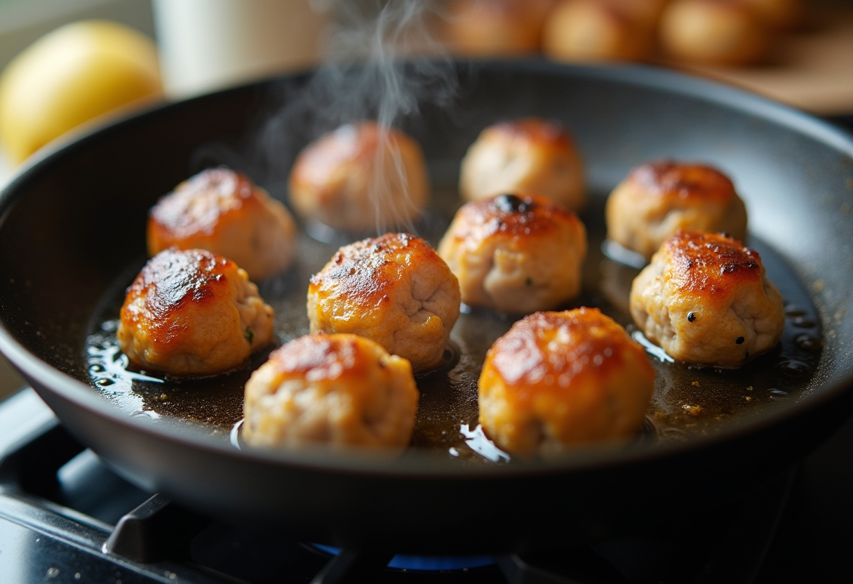 Cooking honey garlic turkey meatballs in a pan, showcasing the browning process for flavor enhancement.