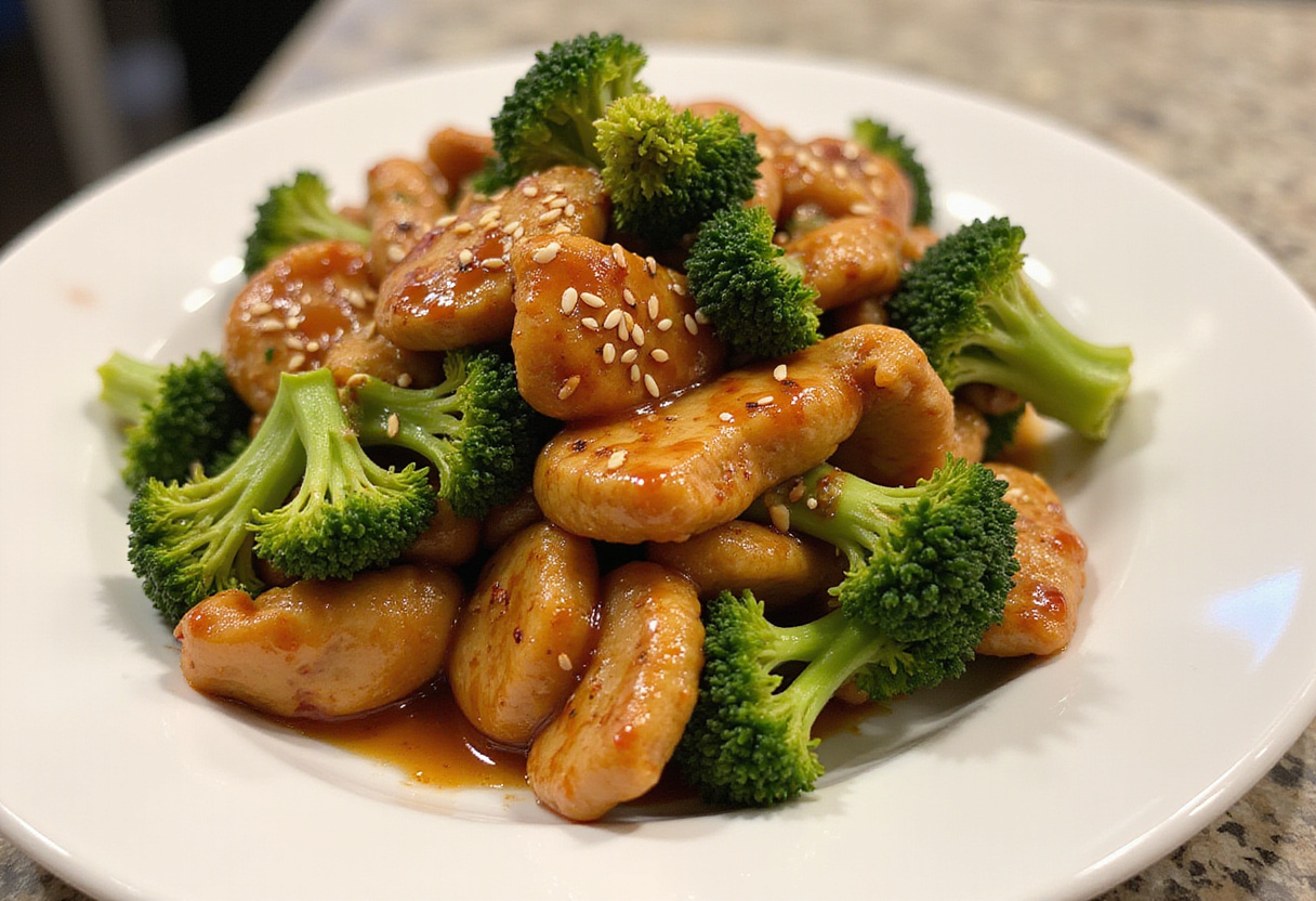 Final presentation of Honey Sriracha Ground Chicken and Broccoli, a delicious blend of flavors garnished and ready to serve.