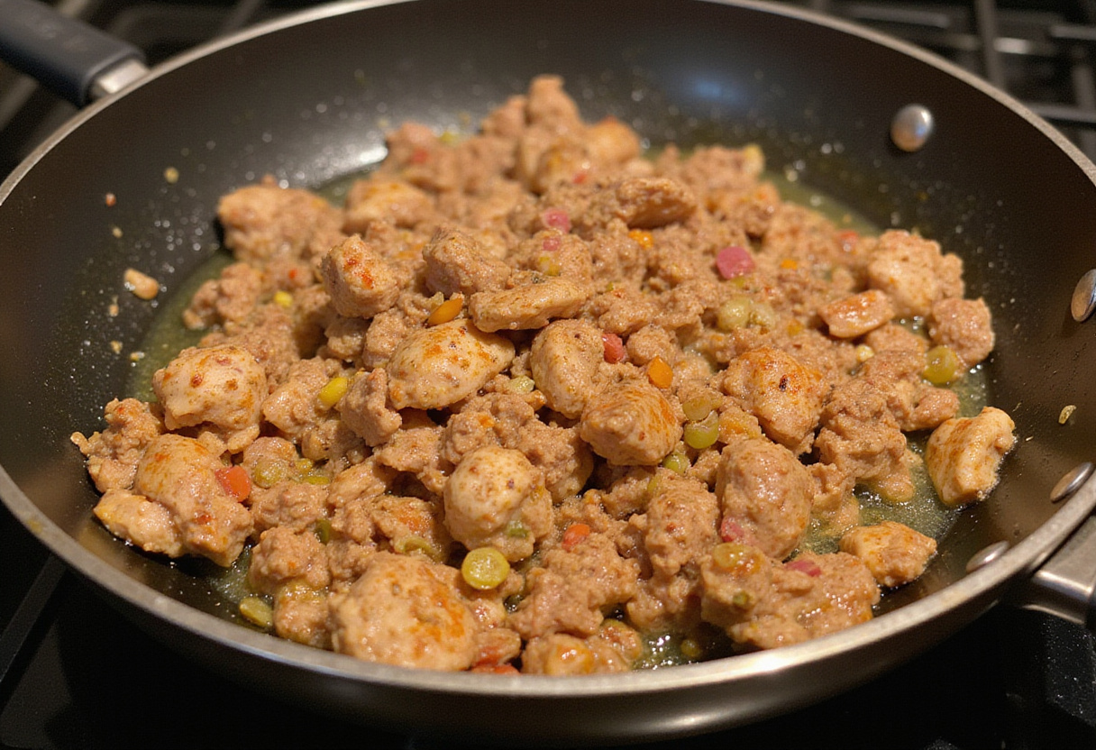 Sautéing ground chicken in a skillet for Honey Sriracha Ground Chicken and Broccoli recipe, golden and flavorful.