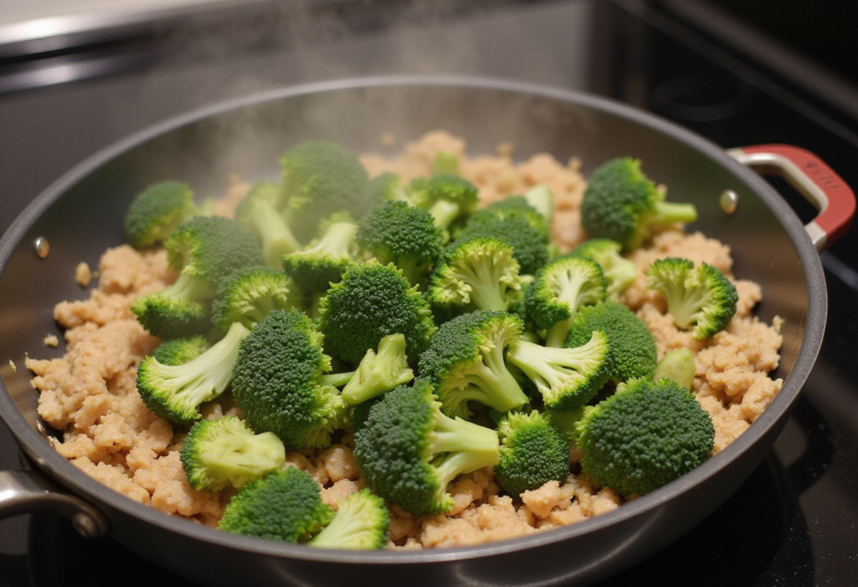 Adding fresh broccoli florets to the skillet for Honey Sriracha Ground Chicken and Broccoli, adding color and nutrition.