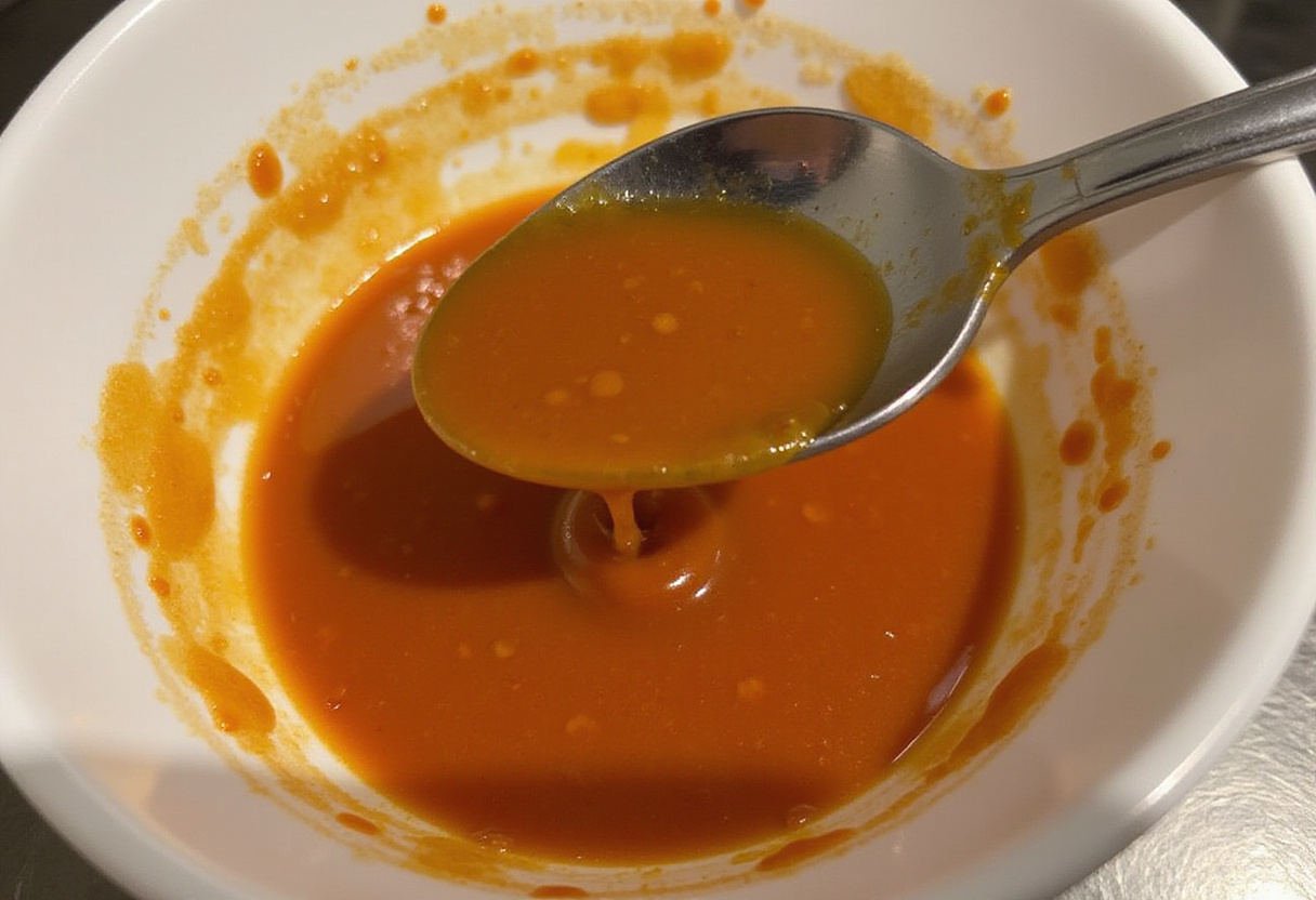 Preparation of honey and sriracha sauce for coating the ground chicken and broccoli in Honey Sriracha Ground Chicken and Broccoli recipe.
