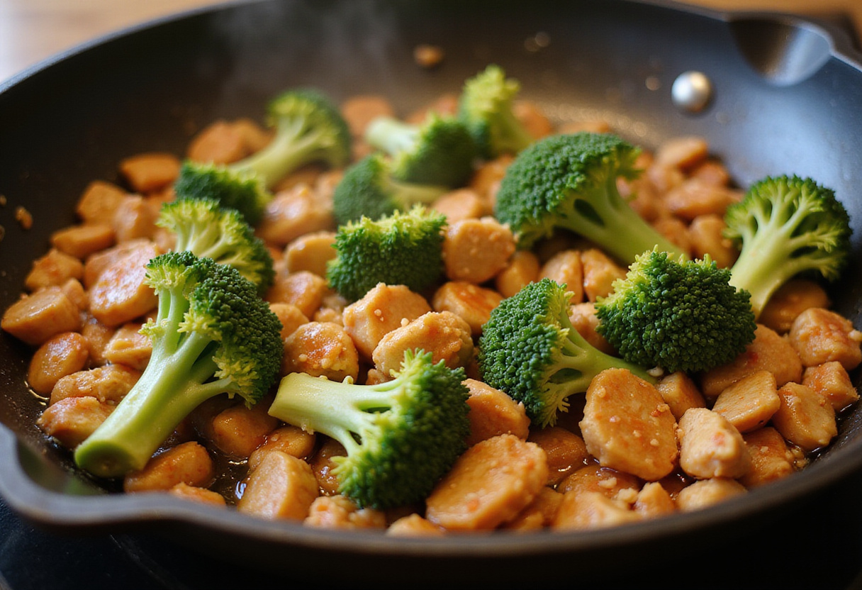 Stirring honey sriracha coated chicken and broccoli in a skillet, showcasing the delicious blend of flavors.