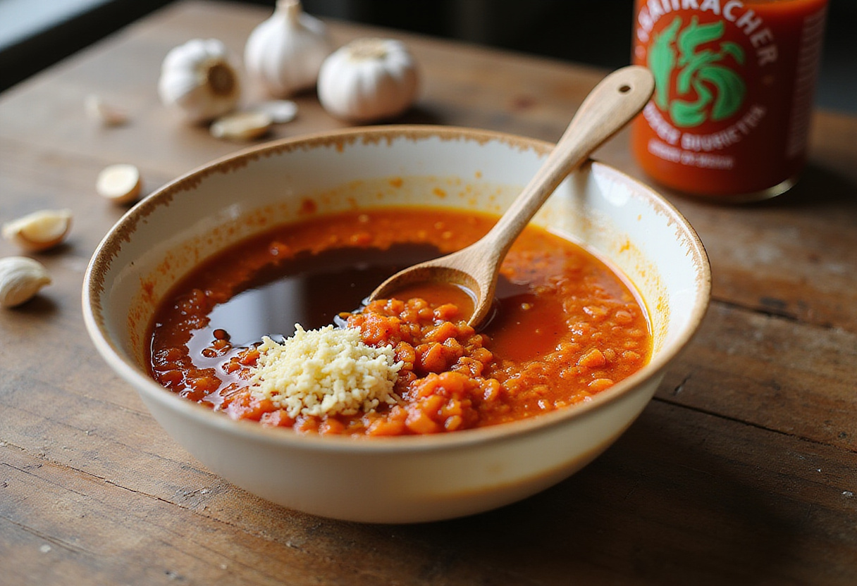Honey Sriracha sauce recipe ingredients in a mixing bowl for delicious salmon bowls.