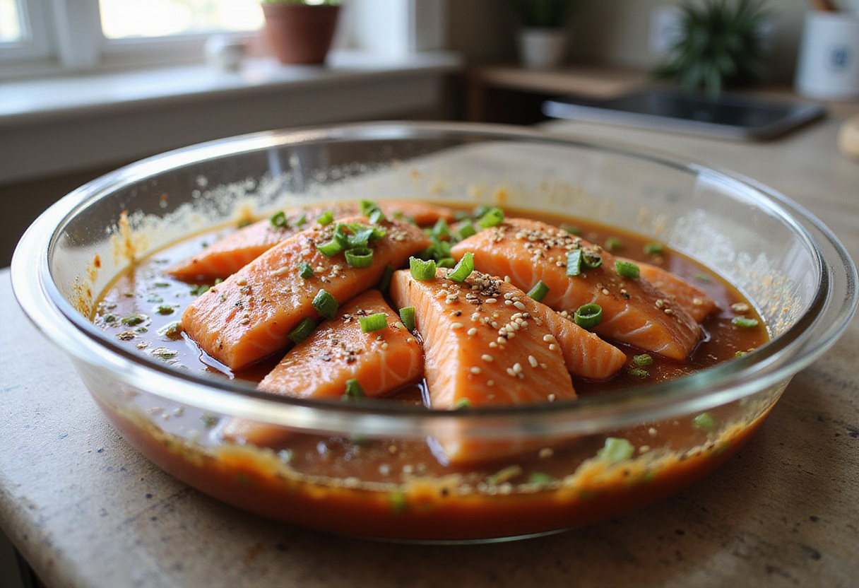 Marinating salmon fillets in honey Sriracha sauce prepared for tasty salmon bowls.