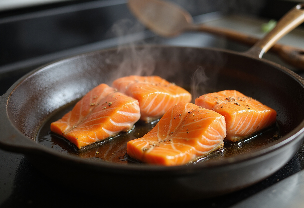Cooking honey Sriracha salmon fillets in a skillet, showcasing a mouthwatering preparation process.