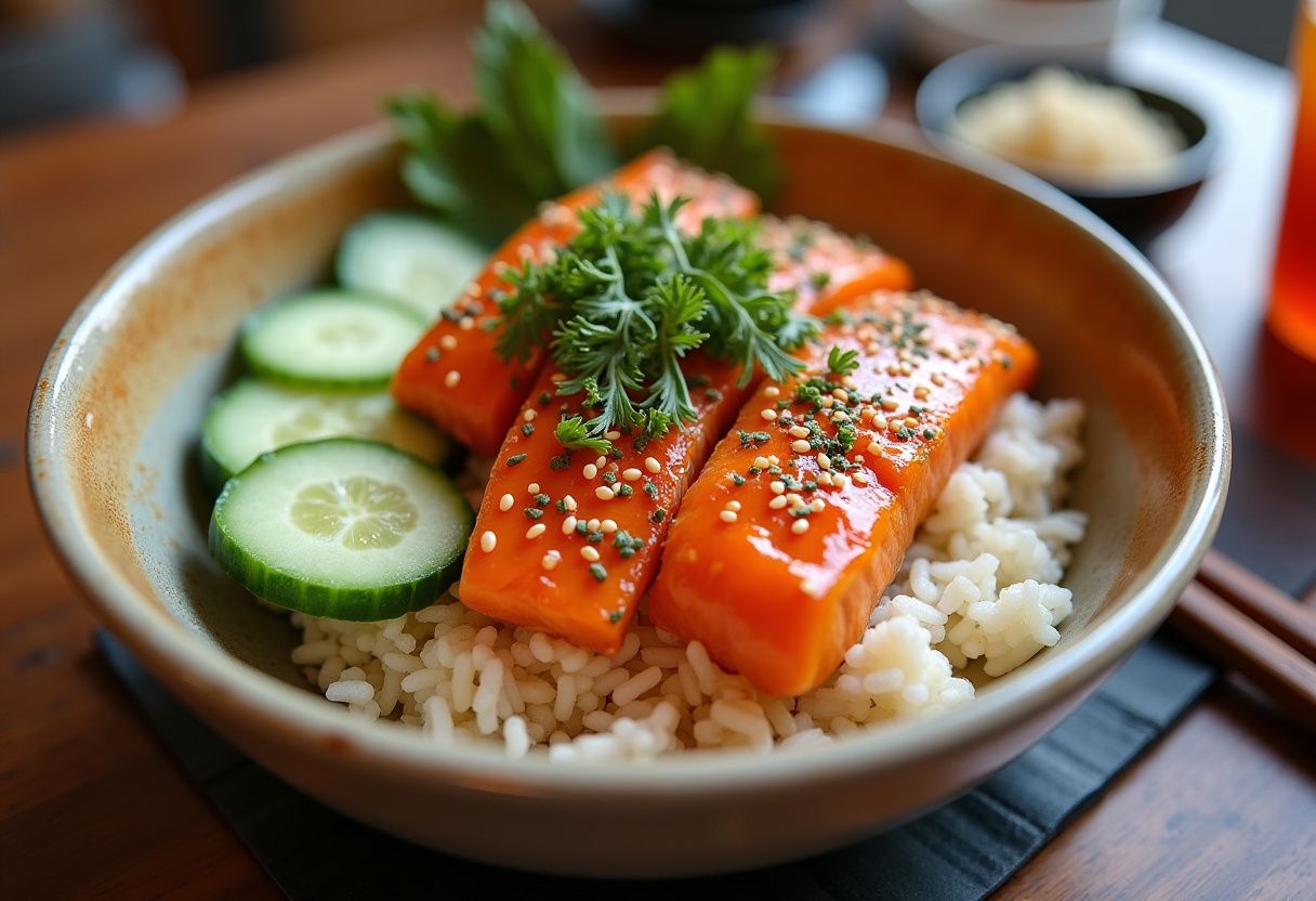 Beautifully arranged Honey Sriracha Salmon Bowl with fresh ingredients, ready to be enjoyed.