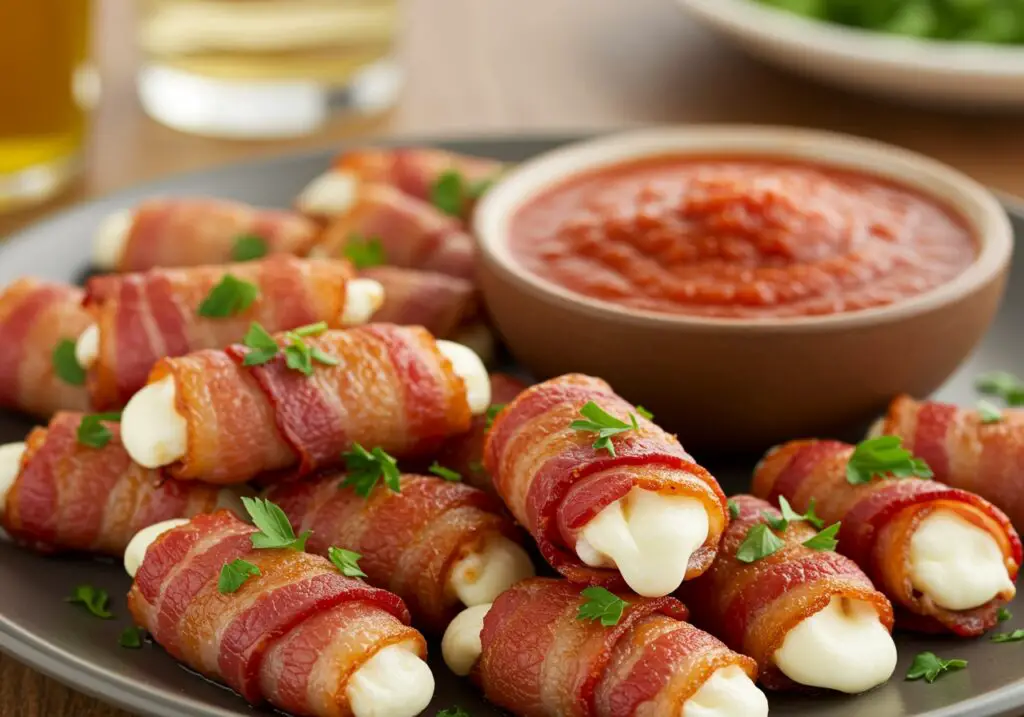 Deliciously plated hot bacon wrapped mozzarella sticks, perfect for any gathering or snack time.