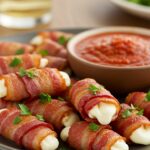 Deliciously plated hot bacon wrapped mozzarella sticks, perfect for any gathering or snack time.