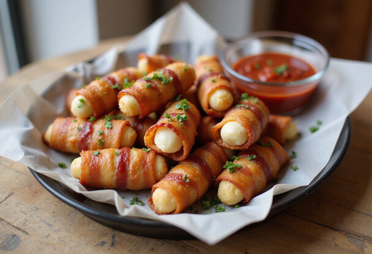 Deliciously plated hot bacon wrapped mozzarella sticks, perfect for any gathering or snack time.
