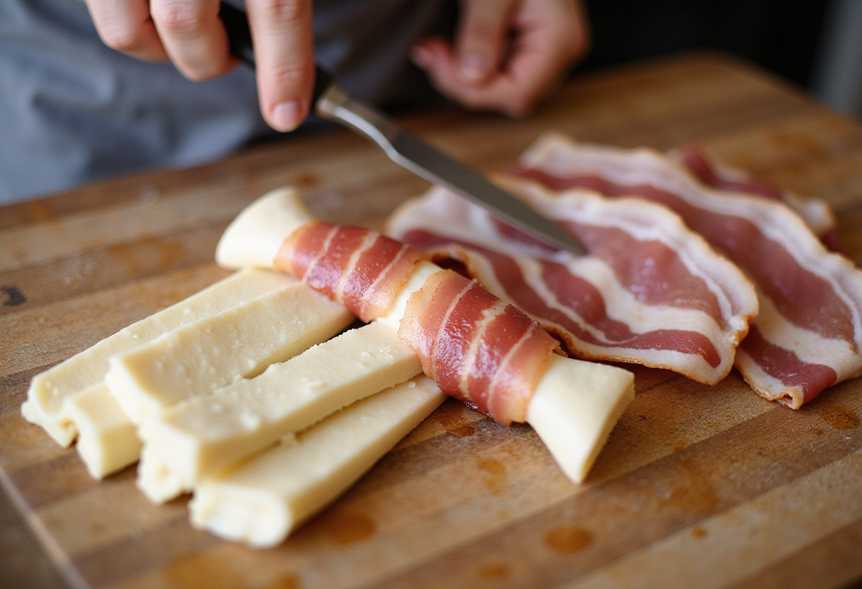Raw mozzarella sticks and bacon on a cutting board for making hot bacon wrapped mozzarella sticks.