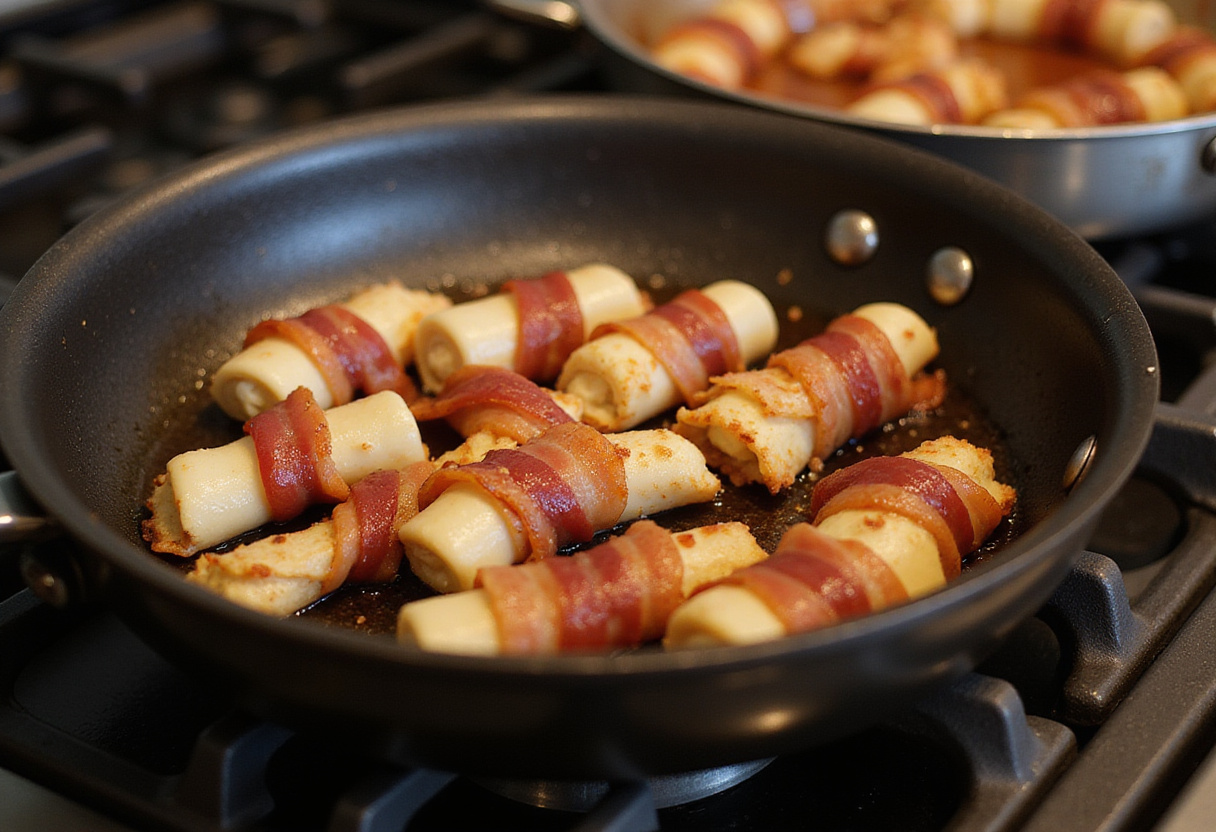 Bacon-wrapped mozzarella sticks sizzling in a pan, ideal for creating hot appetizers.