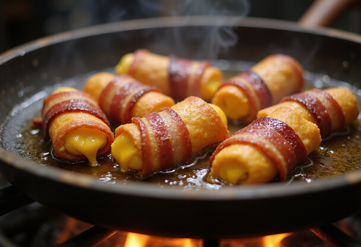 Golden-fried bacon wrapped mozzarella sticks, showcasing the melty cheese overflow, perfect for snacking.