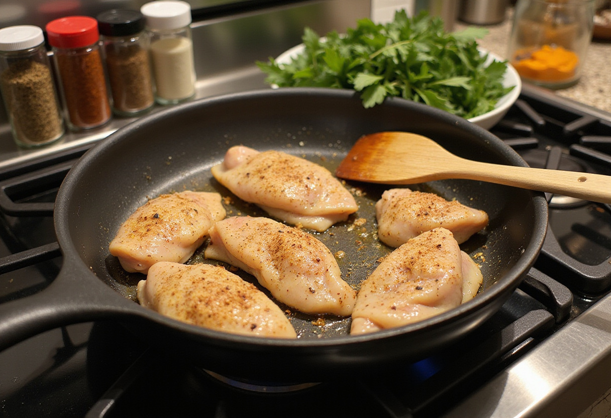 Preparing seasoned chicken breast for hot honey feta chicken, showcasing the ingredients and spices used in the dish.