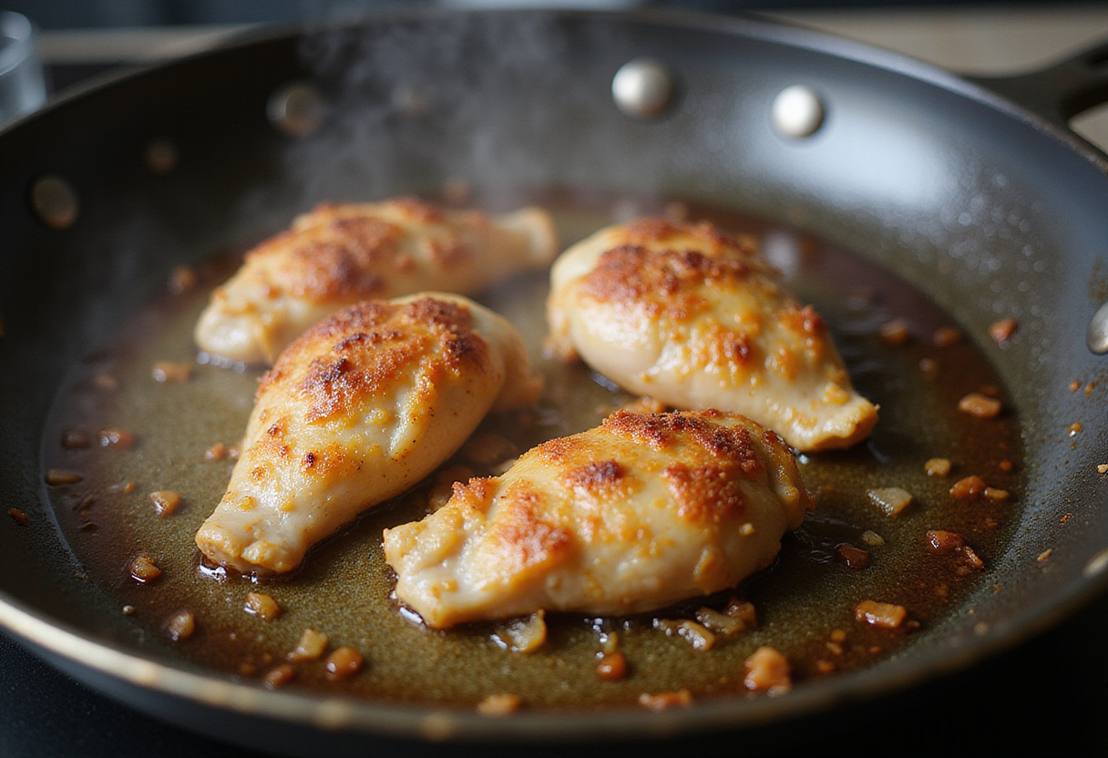 Cooking chicken breast to perfection for hot honey feta chicken, highlighting the beautiful golden color and sizzle in the skillet.