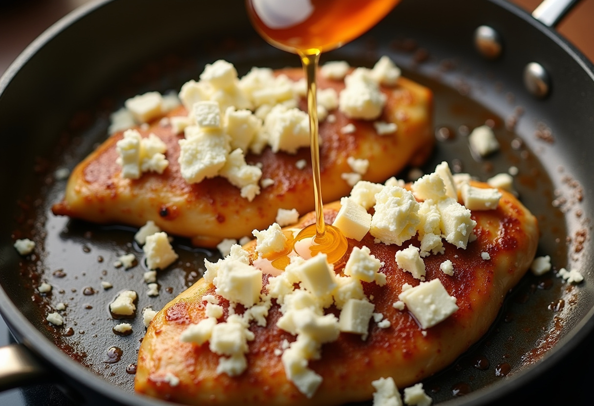 Adding crumbled feta and hot honey to create a delicious flavor profile for hot honey feta chicken, featuring the cheesy texture.