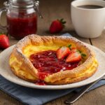 Delicious Hot Strawberry Jam Dutch Baby served with warm strawberry jam and fresh strawberries, perfect for breakfast.