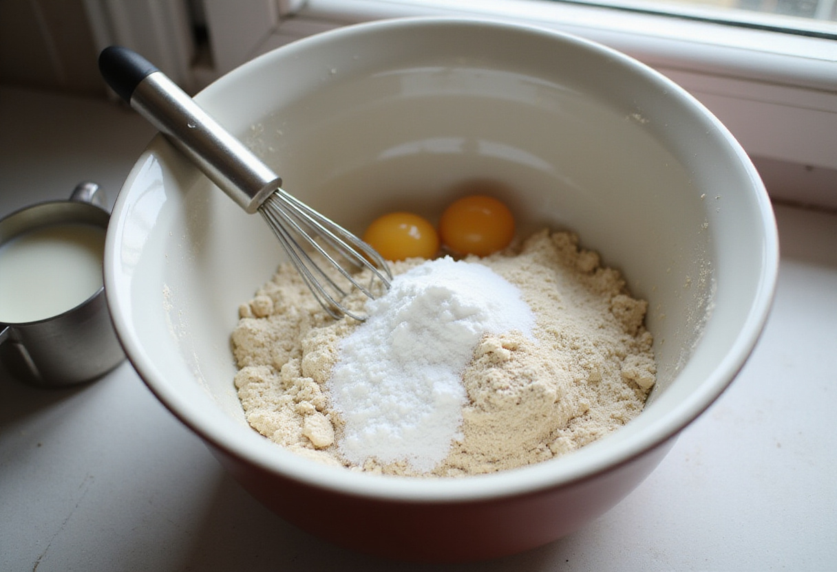 Hot Strawberry Jam Dutch Baby ingredients preparation with flour, sugar, salt, and eggs in a bowl.