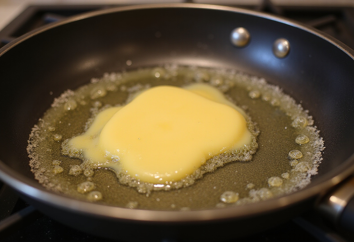 Melting butter in a skillet for making Hot Strawberry Jam Dutch Baby, with a golden and delicious appearance.