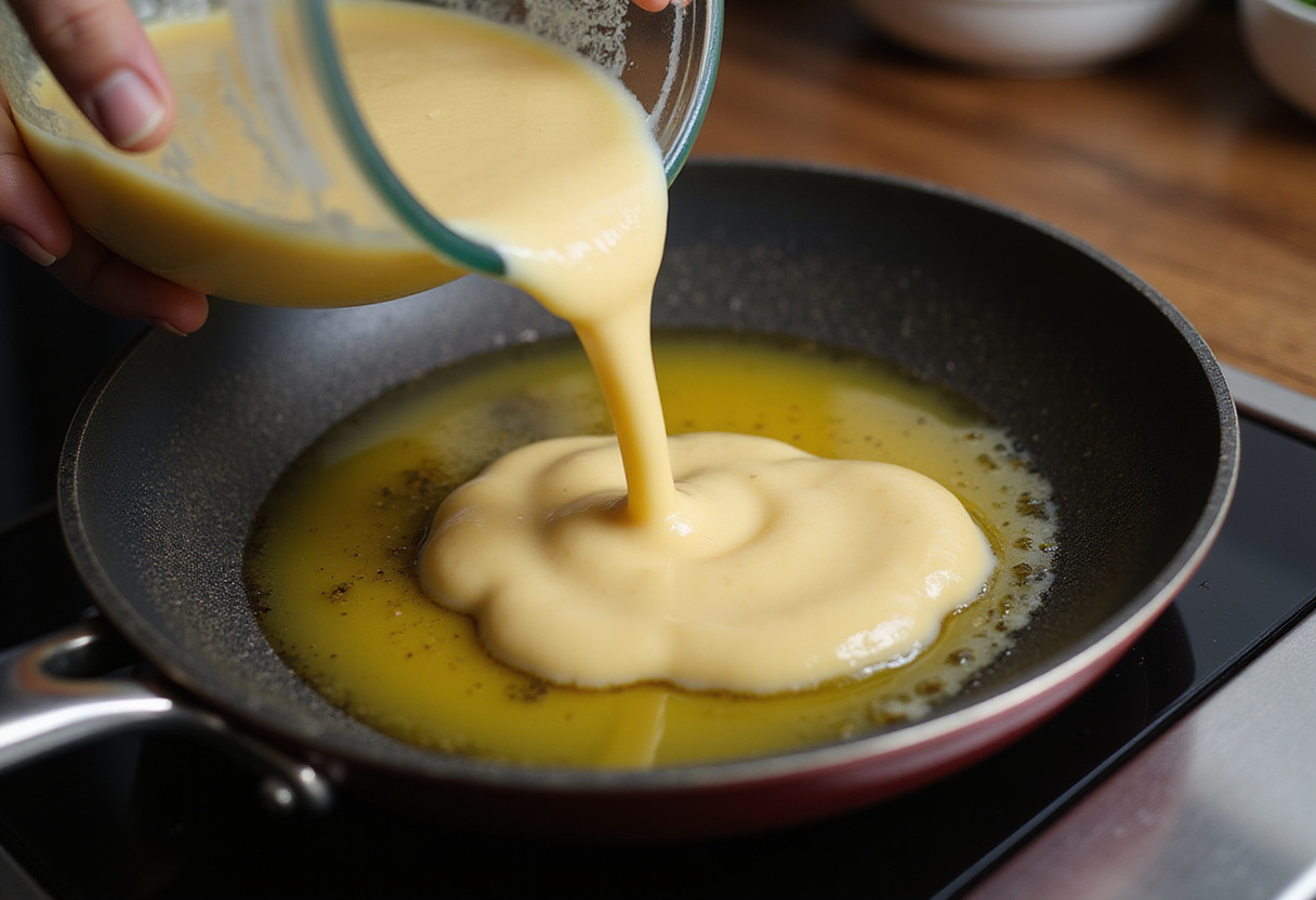 Pouring batter into a hot skillet for a Hot Strawberry Jam Dutch Baby, showcasing the sizzle effect.