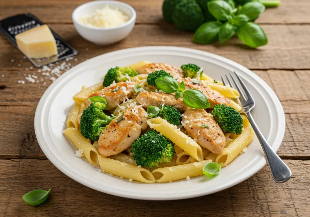 Delicious chicken and broccoli pasta ready to eat, showcasing a vibrant and appetizing dish perfect for any meal.