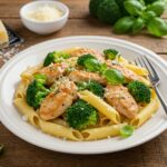 Delicious chicken and broccoli pasta ready to eat, showcasing a vibrant and appetizing dish perfect for any meal.