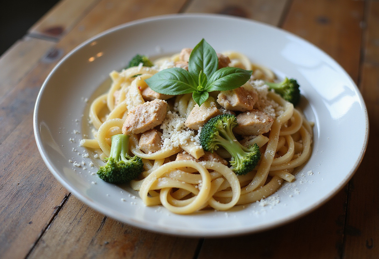 Delicious chicken and broccoli pasta ready to eat, showcasing a vibrant and appetizing dish perfect for any meal.