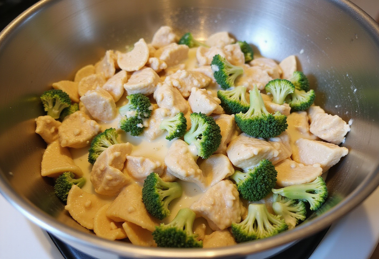 How to prepare chicken and broccoli pasta - mixing cooked pasta with chicken and broccoli, perfect for a hearty meal.