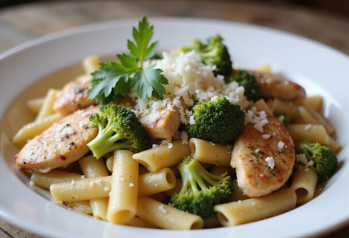 How to serve chicken and broccoli pasta - beautifully plated dish featuring creamy pasta with chicken and vegetables, ideal for dinner parties.