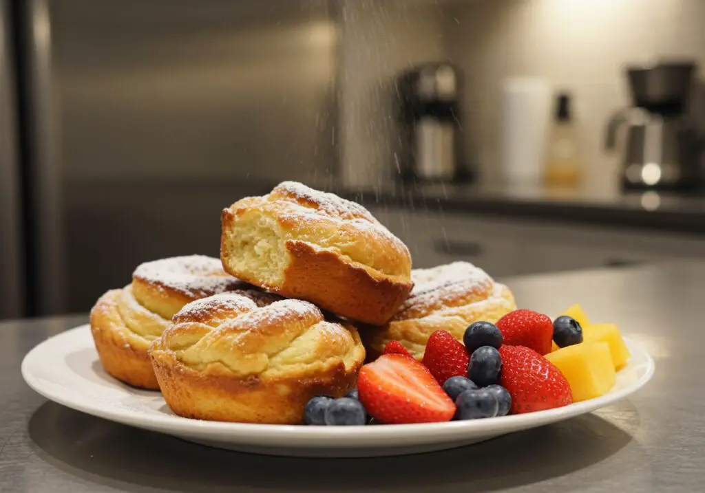 Delicious Cruffins served on a plate, garnished with powdered sugar and fruits, showcasing their delicious presentation.