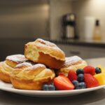 Delicious Cruffins served on a plate, garnished with powdered sugar and fruits, showcasing their delicious presentation.
