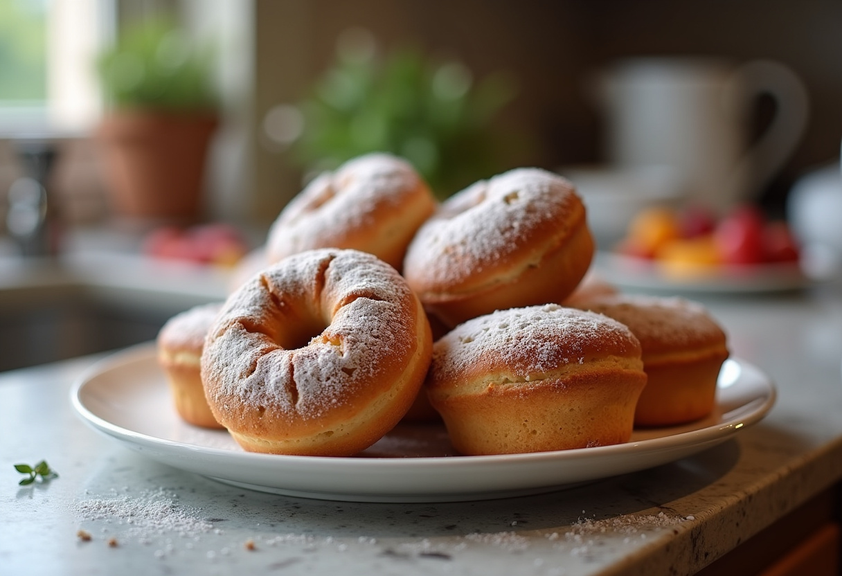 Delicious Cruffins served on a plate, garnished with powdered sugar and fruits, showcasing their delicious presentation.