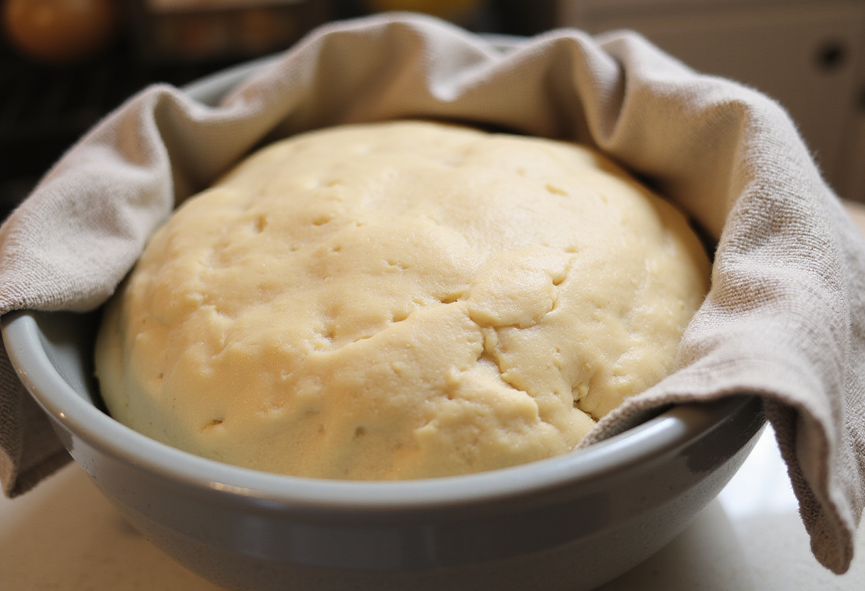 Resting dough for Delicious Cruffins in a bowl, covered with a towel, emphasizing its soft texture.