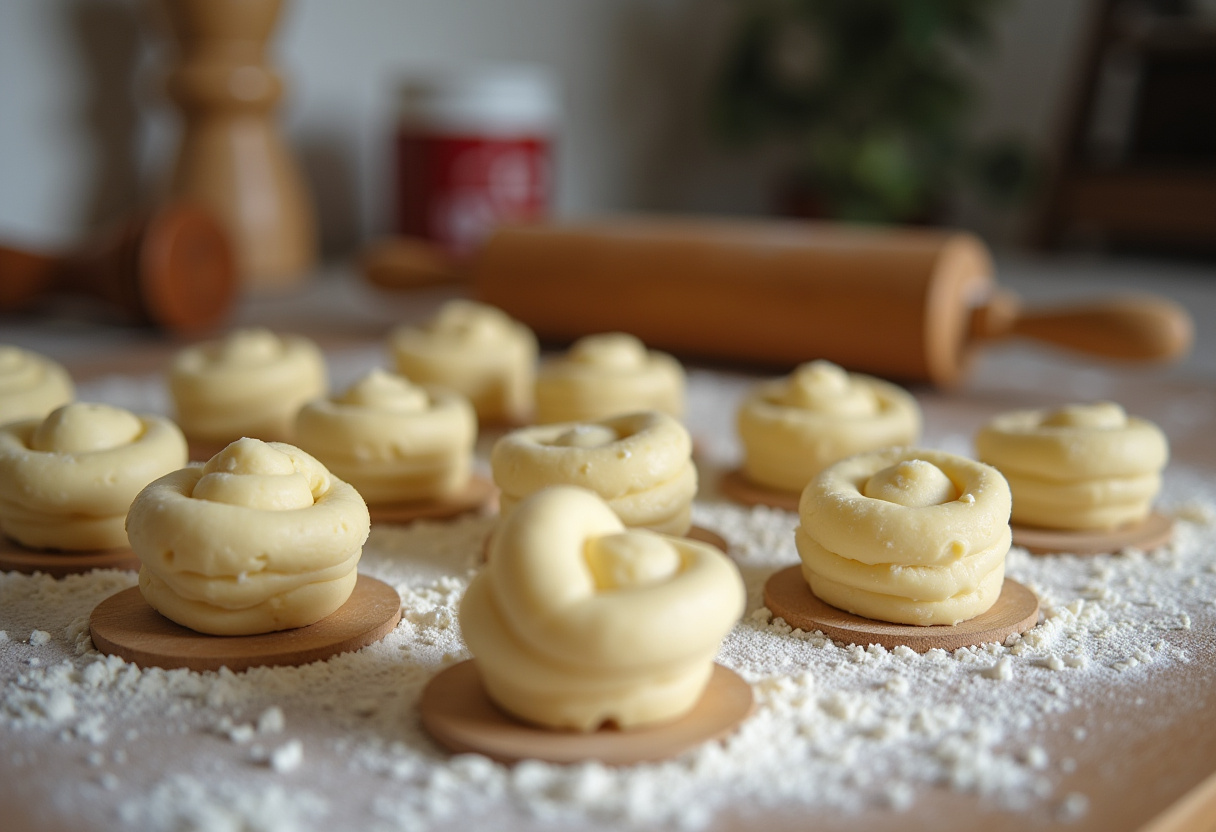 Shaping cruffin dough in molds on a countertop, illustrating the process of making Delicious Cruffins.