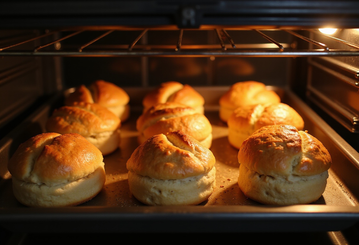 Freshly baked Delicious Cruffins in the oven, highlighting their golden-brown color and fluffy texture.