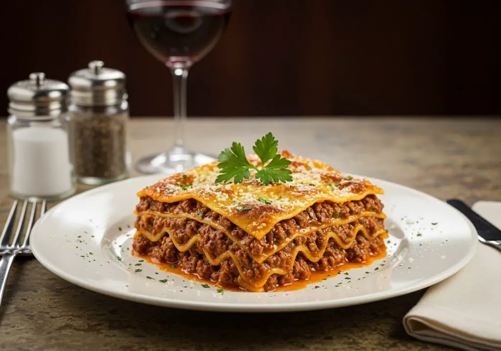 The best Maggiano’s Lasagna elegantly plated and garnished, highlighting its delectable layers and paired with a glass of wine, perfect for an Italian dining experience.