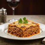 The best Maggiano’s Lasagna elegantly plated and garnished, highlighting its delectable layers and paired with a glass of wine, perfect for an Italian dining experience.