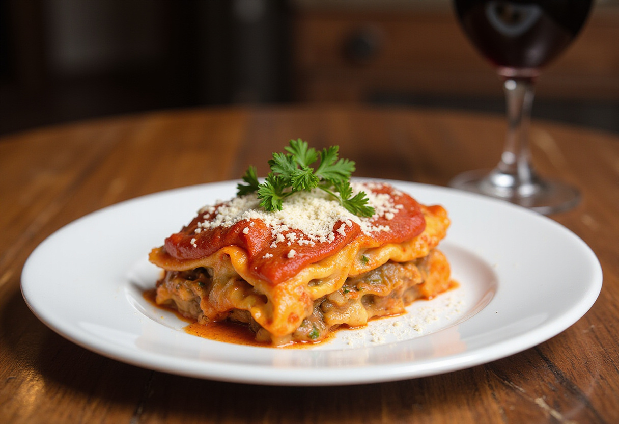 The best Maggiano’s Lasagna elegantly plated and garnished, highlighting its delectable layers and paired with a glass of wine, perfect for an Italian dining experience.