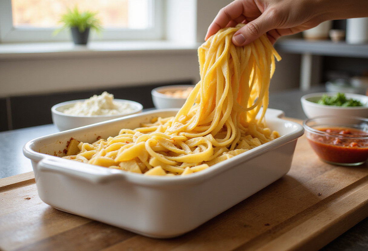 Delicious layers of fresh pasta being prepared for Maggiano’s Lasagna with ricotta and mozzarella cheese in a bright kitchen.
