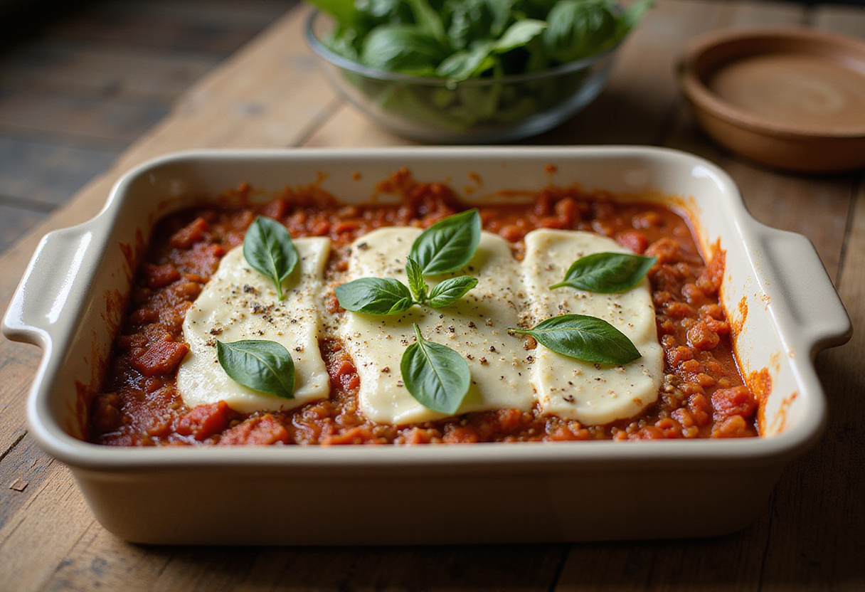 Assembling the best Maggiano’s Lasagna with layers of meat sauce, ricotta cheese, and fresh basil in a charming kitchen setting.